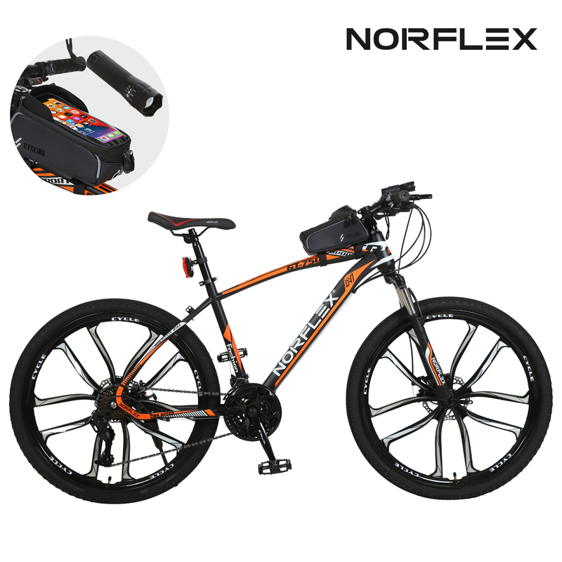 Norflx 26" Full Suspensions Mountain Bicycle, 24 Speed Black & Orange