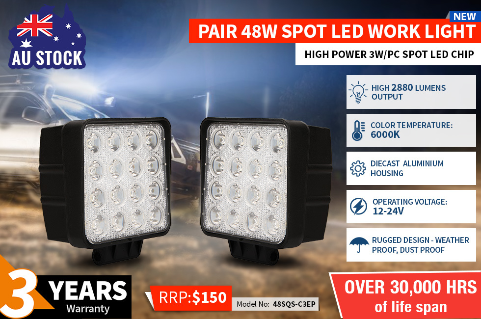 Pair 48W 12-24V LED Work Light Spot Beam Offroad 4WD UTE 4X4