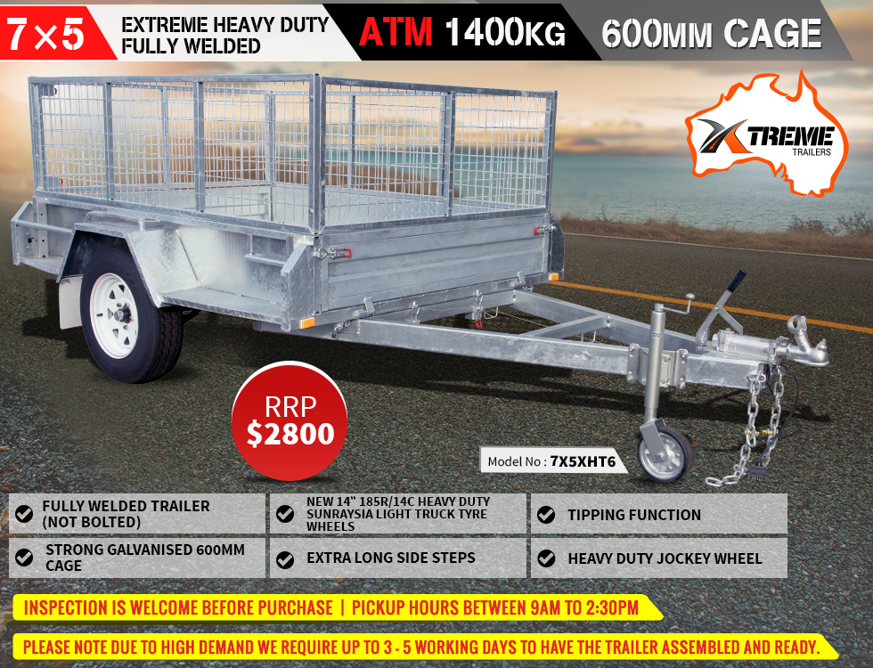 Xtreme Trailers 7X5 Heavy Duty Galvanized Box Trailer 600mm Cage ATM 1400kg