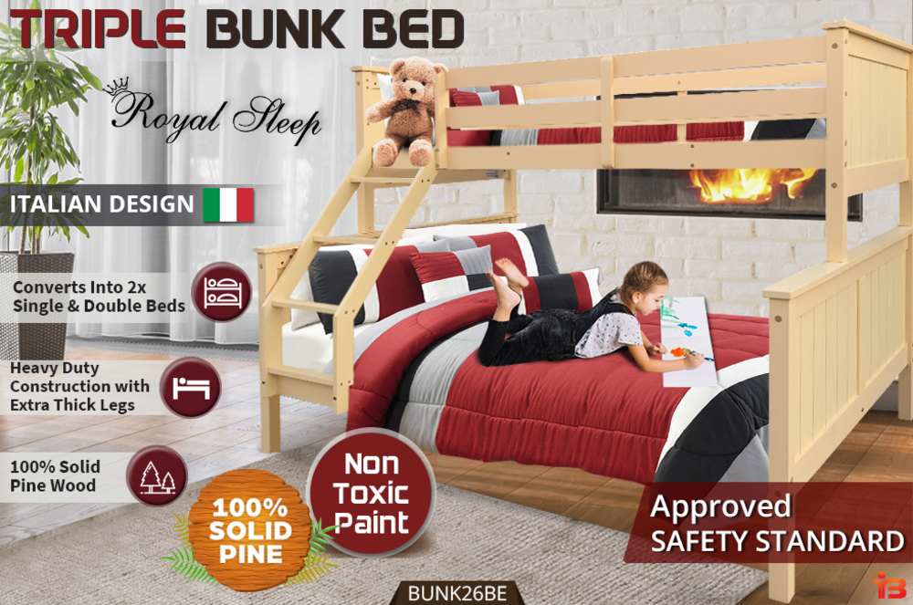 NEW Bunk Bed Double Single Frame Solid Pine Children Beds Kids Bedroom Furniture