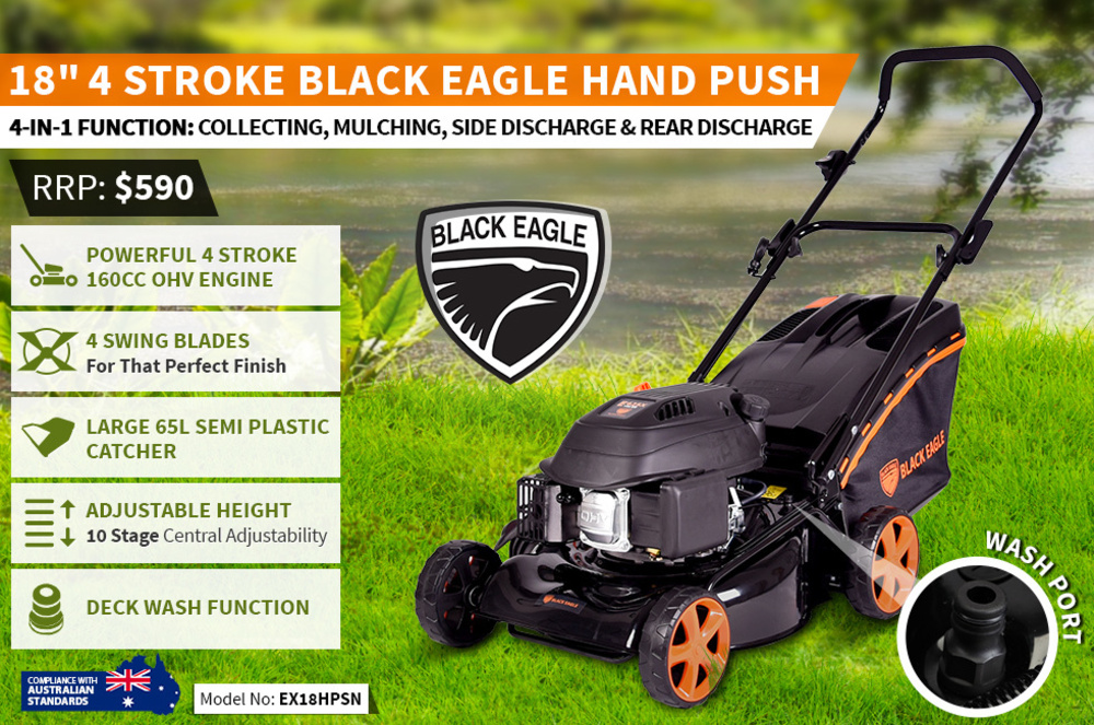 New Black Eagle Lawn Mower 18" Hand Push 4 Stroke Petrol Lawnmower Mulch & Catch