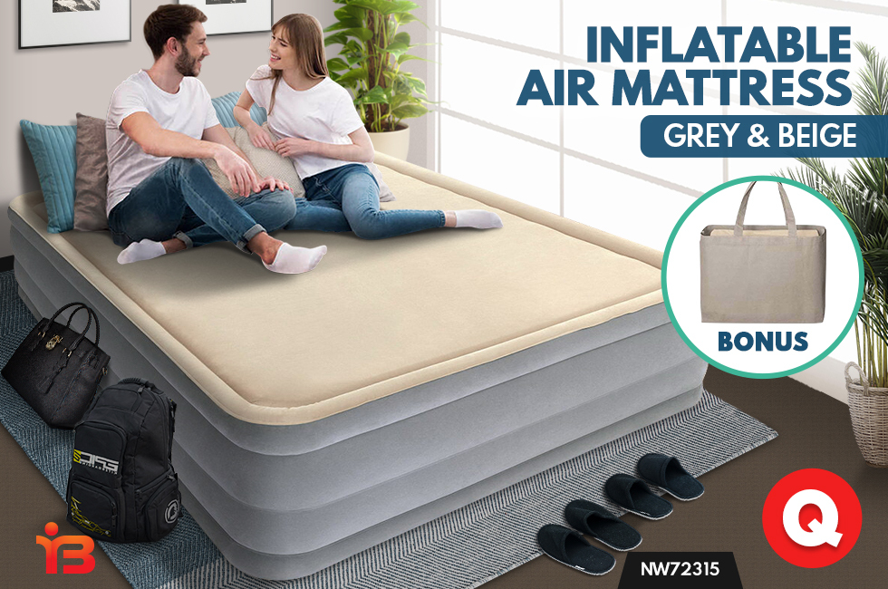 Queen Size Inflatable Air Bed Mattress with Built-in Pump- Grey & Beige