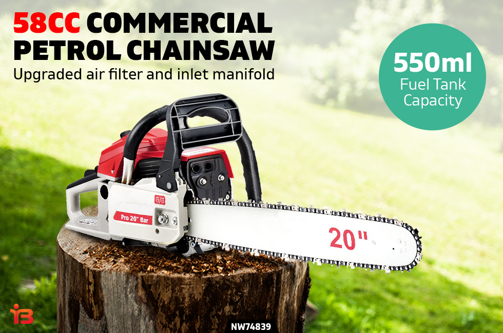 20" 58CC Commercial 260ml Petrol Low Kickback Chainsaw - Red & White