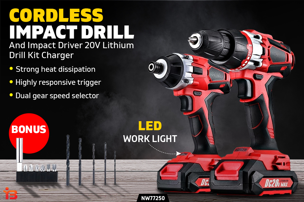 20V Lithium Cordless Impact Drill and Impact Driver Drill Kit Charger