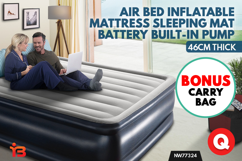 Queen Size Air Bed Inflatable Mattress Battery Built-in Pump Sleeping Mat - Navy