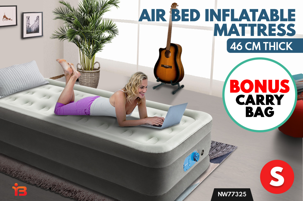 Single Air Bed Inflatable Mattress Sleeping Mat 46CM Built-in Pump - Grey