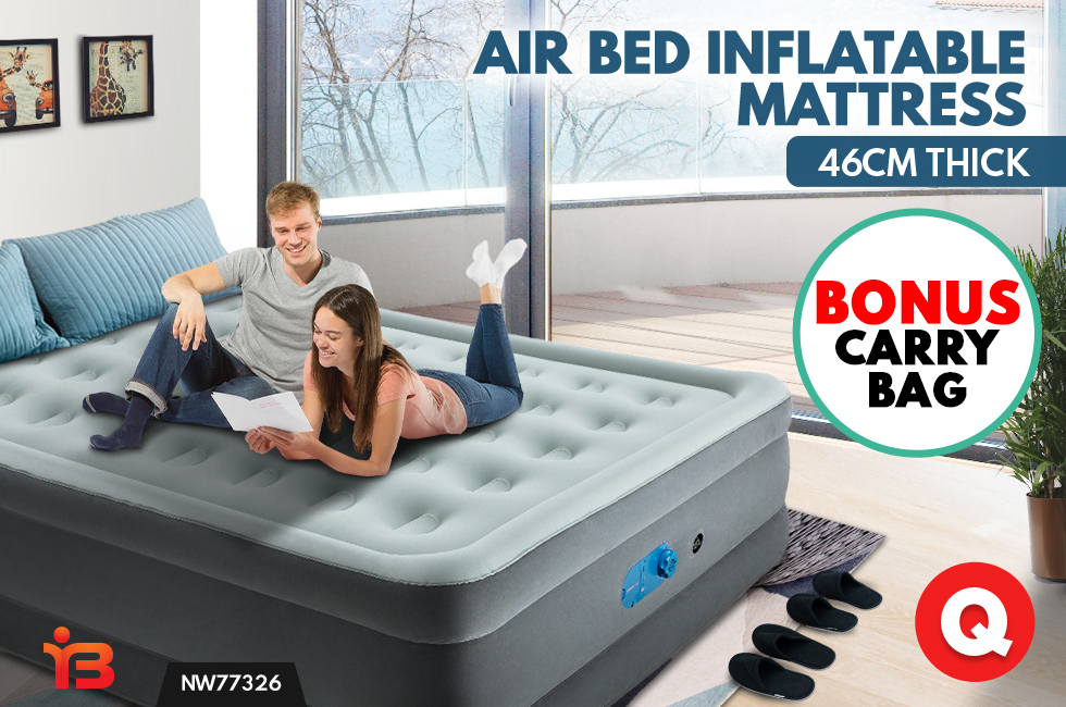 Queen Size Air Bed Inflatable Mattress Sleeping 46CM Mat Built-in Pump - Grey