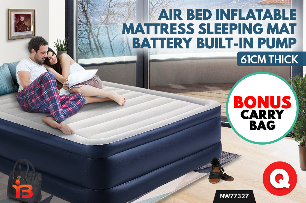 Queen Size Air Bed Inflatable Mattress Built-in Pump Sleeping Mat - Navy
