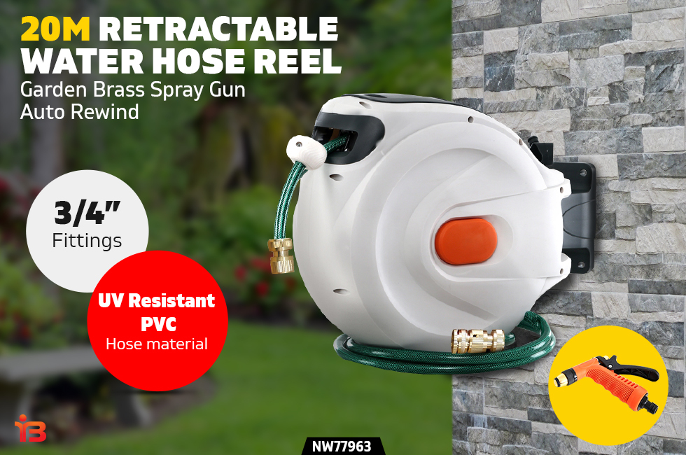 20M Retractable Hose Reel PVC Garden Water Brass Spray Gun Auto Rewind