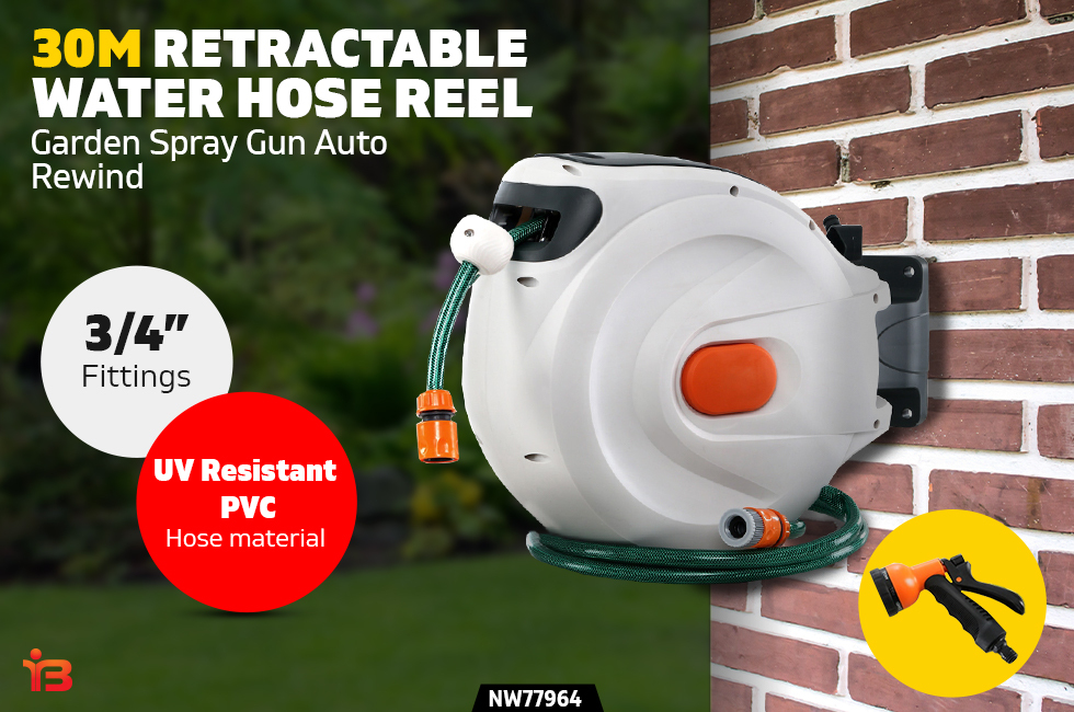 30M Retractable PVC Hose Reel Garden Auto Rewind Water Spray Gun