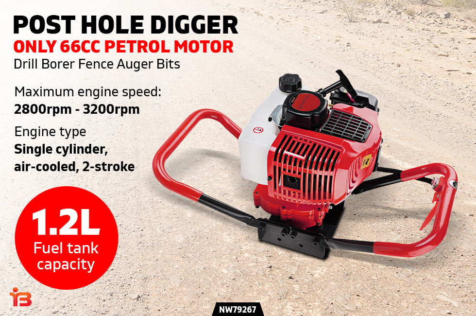 1.2L Post Hole Digger Only 66CC Petrol Motor Borer Drill  Fence Auger Bits - Red