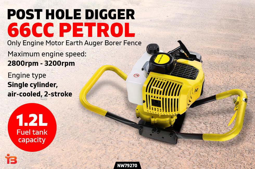 66CC Post Hole Digger 1.2L Petrol Only Engine Motor Earth Auger Borer Fence 3KW