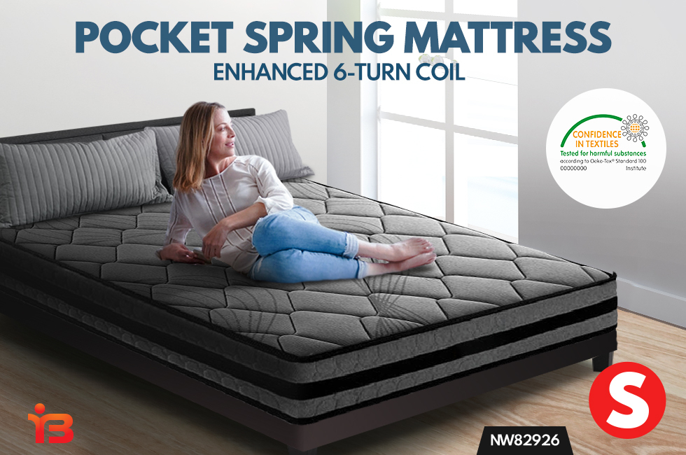 Single Size Mattress Bed Medium Firm Foam 5 Zone Pocket Spring 22cm Grey