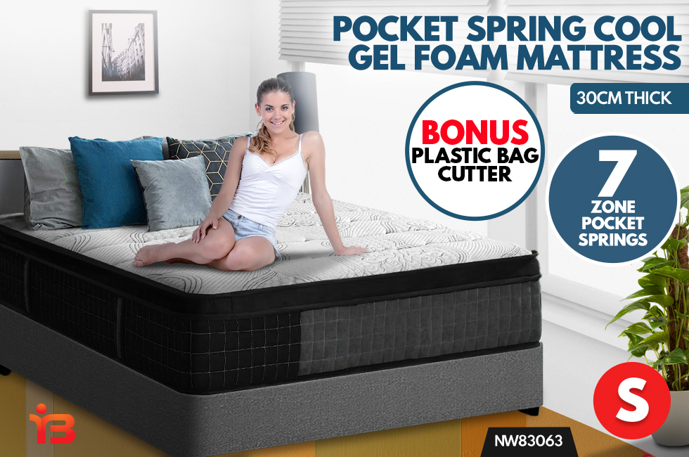 Single Size Bed Mattress 7 Zone 30CM Pocket Spring Cool Gel Foam Medium Firm