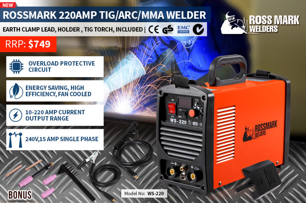 NEW ROSSMARK 220Amp TIG MMA ARC Welder Inverter Welding Wire Portable Tool LED