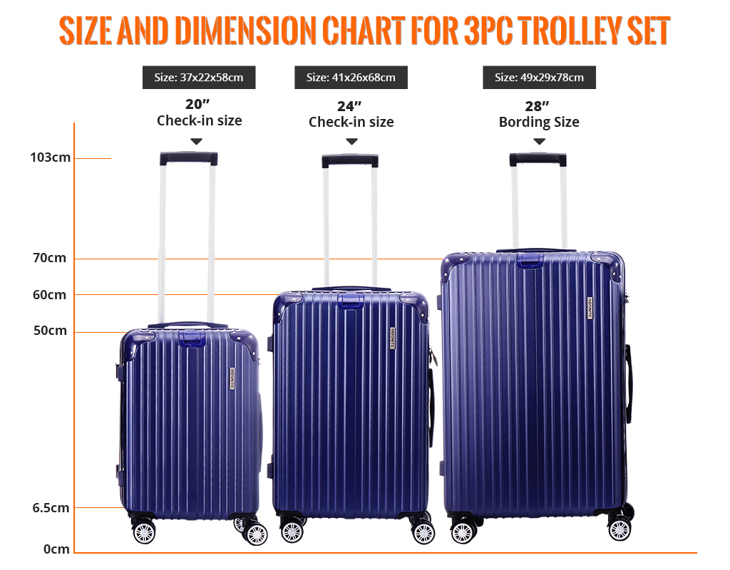 3 Piece Luggage Set - Blue Hard Case Carry on Travel Suitcases