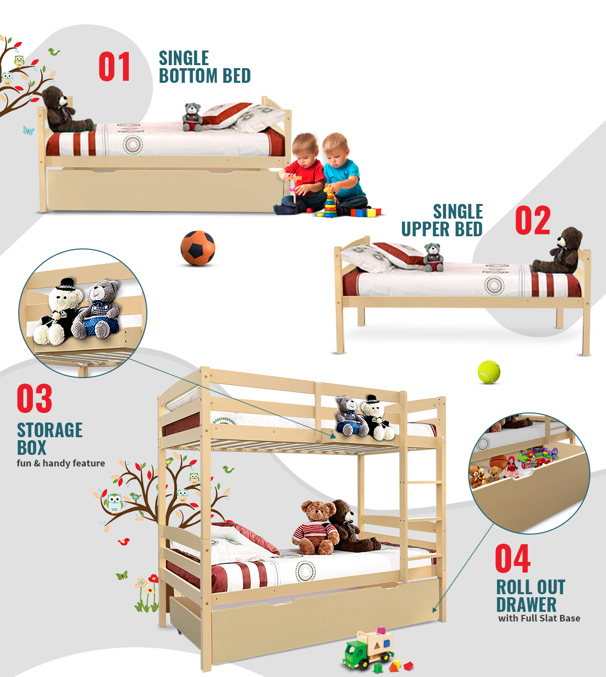 Royal Sleep Brown Wooden Single Bunk Bed for Kids