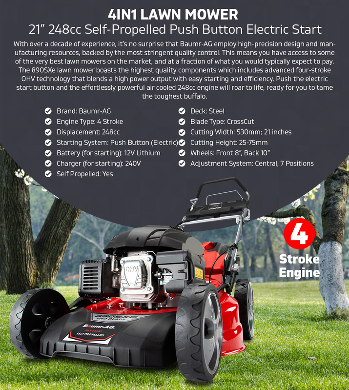 Baumr-AG 21" 248cc Self-Propelled Lawn Mower, Electric Start 4 in 1