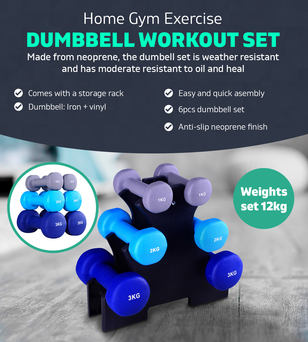 6 Piece Fitness Dumbbell Workout Weights Set 12kg with Stand Exercise Home Gym