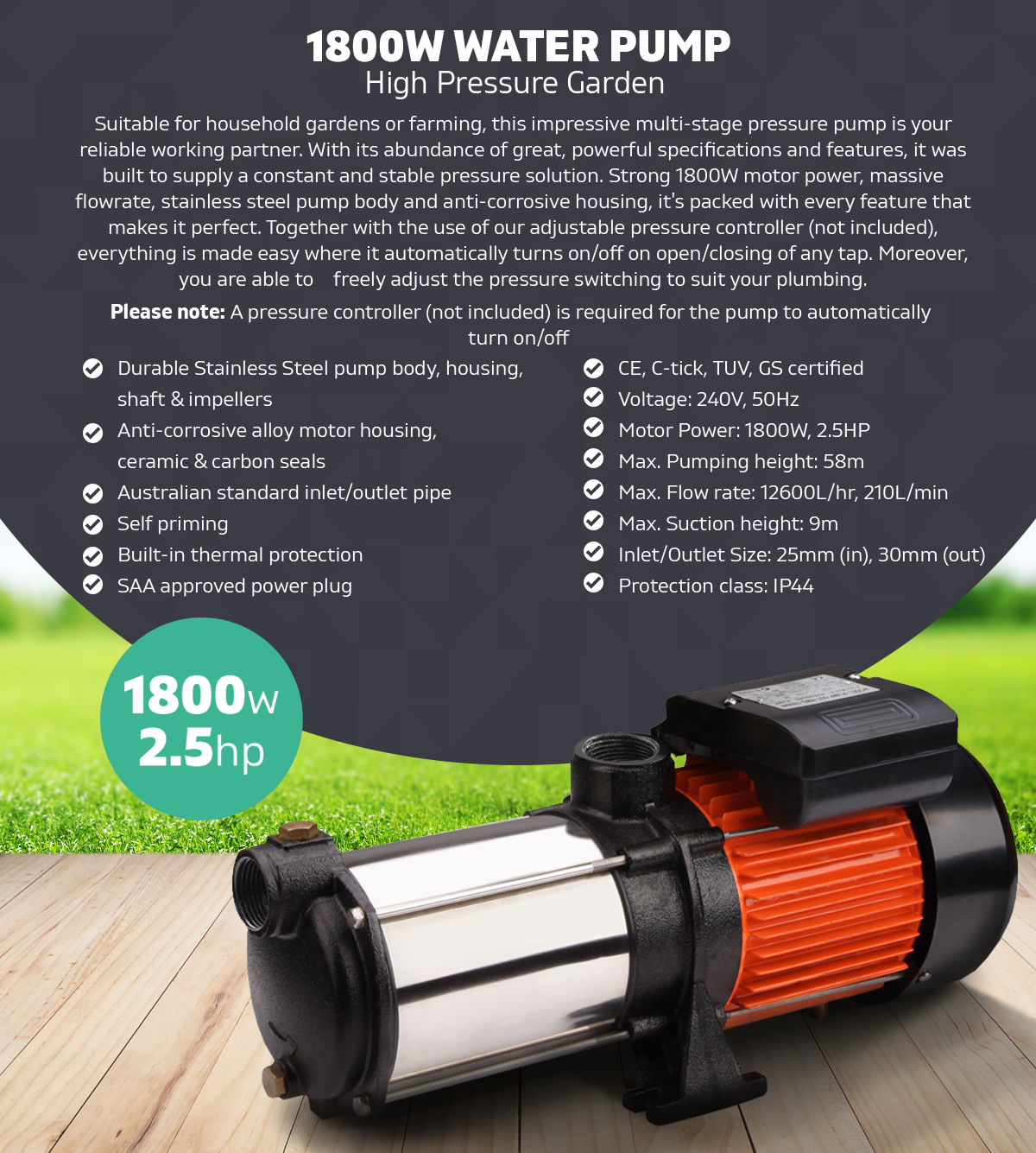 2.5 HP High Pressure Water Garden Farm Home Water Self priming Pump 1800W