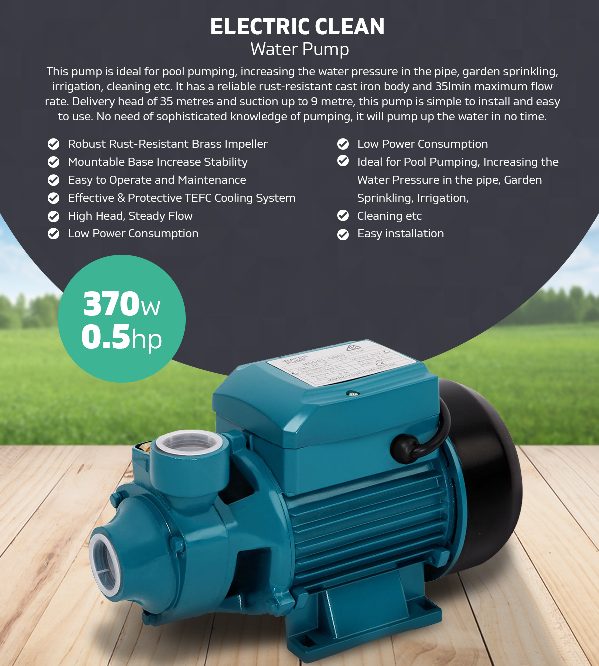 0.05 HP 370W Electric Clean Water Garden Farm Home Pump 35m HMAX