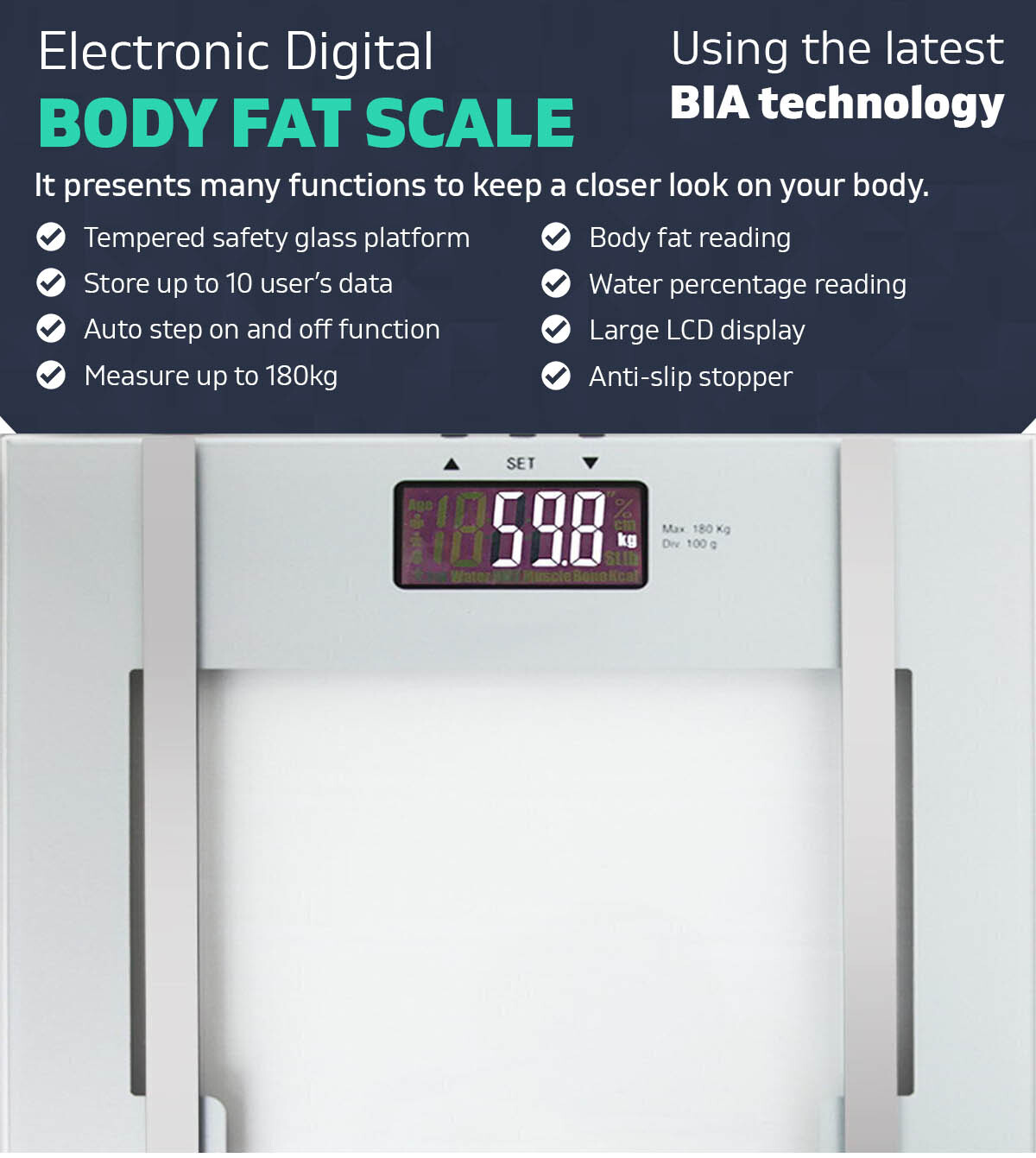 Digital Body Fat Electronic High-Quality Bathroom Glass Weight Scale - White