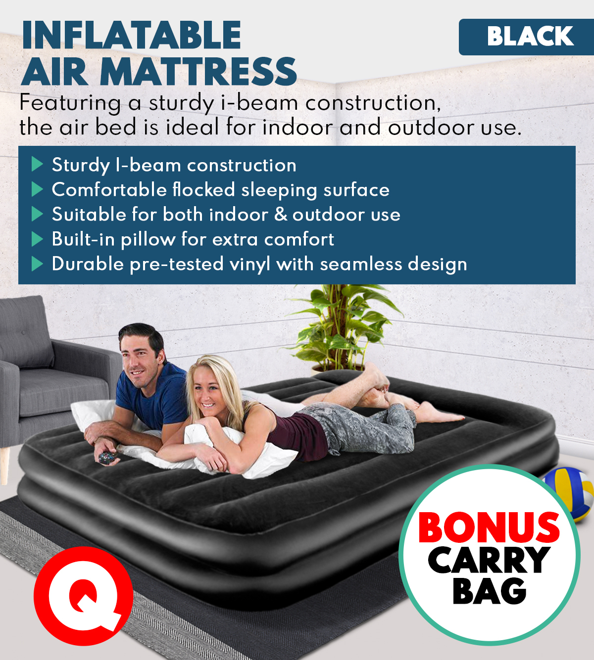 Queen Size Inflatable Air Bed Mattress 46CM Thick Built-in Pump - Black