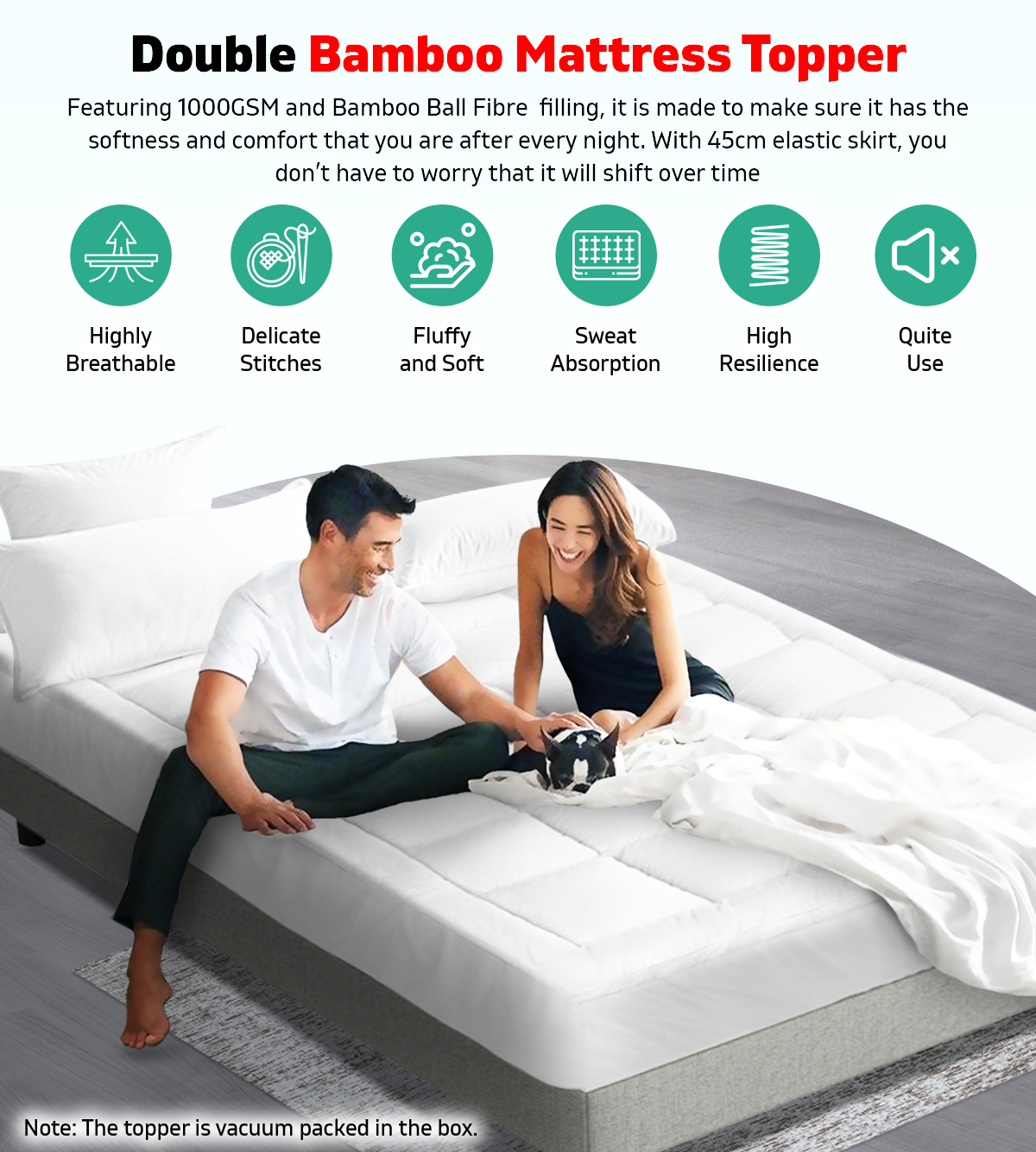Double Size Mattress Bed Topper 1000GSM Bamboo Fibre Pillowtop Protector 5CM