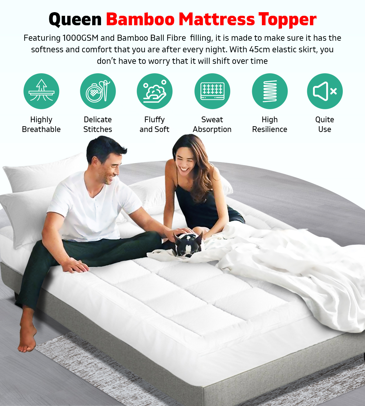Queen Size Mattress Bed Topper Bamboo Fibre Pillowtop Protector 5cm Thick