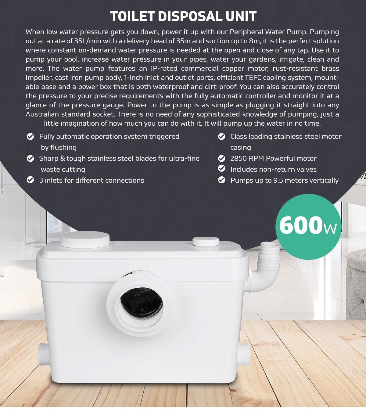 Fully Automatic 600W Macerator Pump Toilet Disposal Unit 9.5M Head