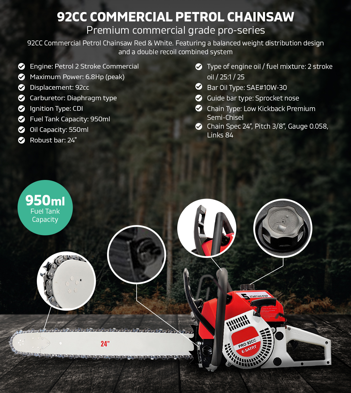 92CC Premium Commercial Grade Petrol 24" Chainsaw - Red & White