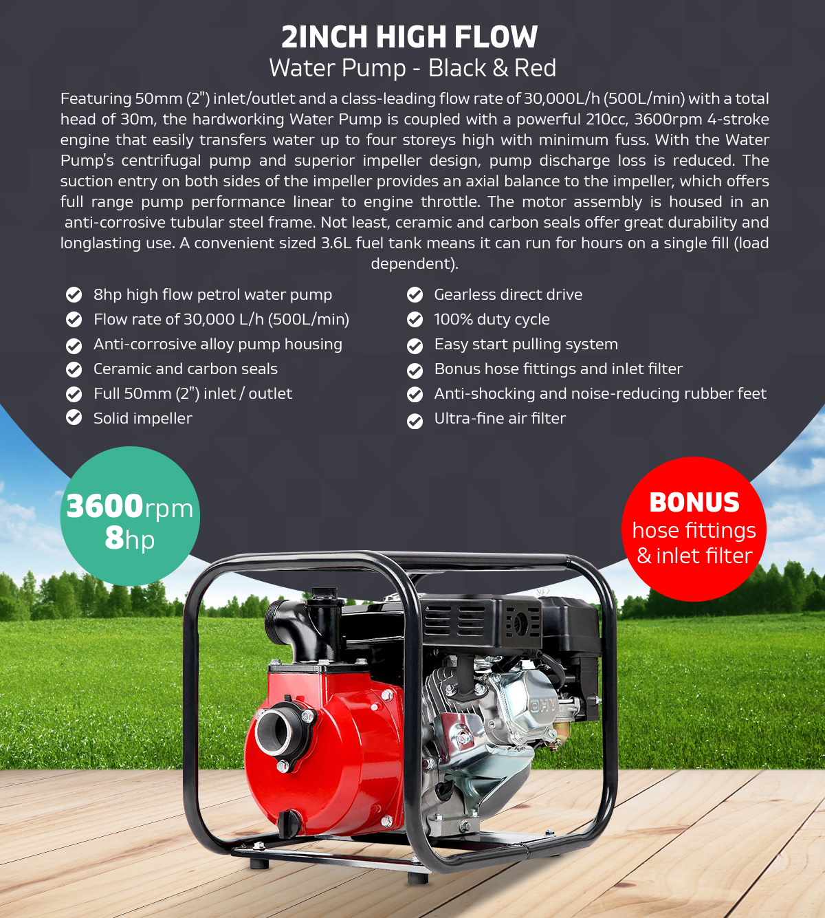 8HP High Flow Garden Farm Home 210CC Water Pump 360RPM - Black & Red