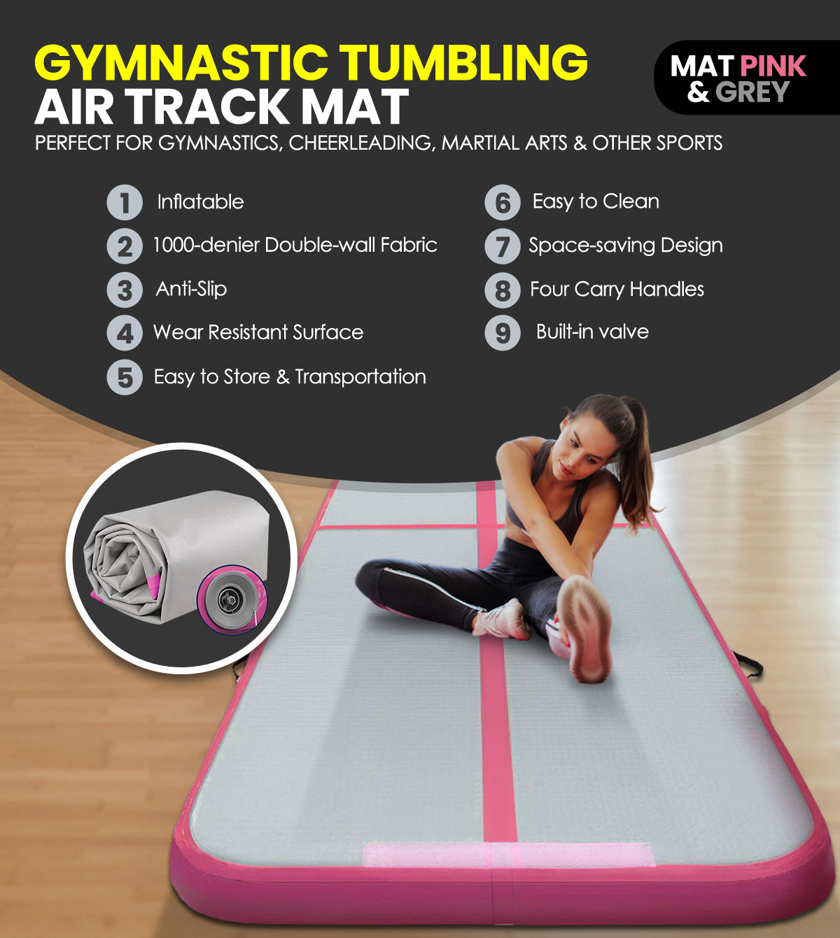 Gymnastic 3m x 1m Gym Air Track Mat Tumbling Pink and Grey 10cm Thick
