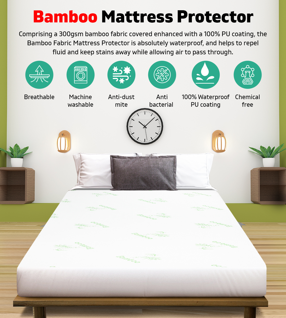 Single Size Bamboo Mattress Bed Protector Waterproof PU Coating