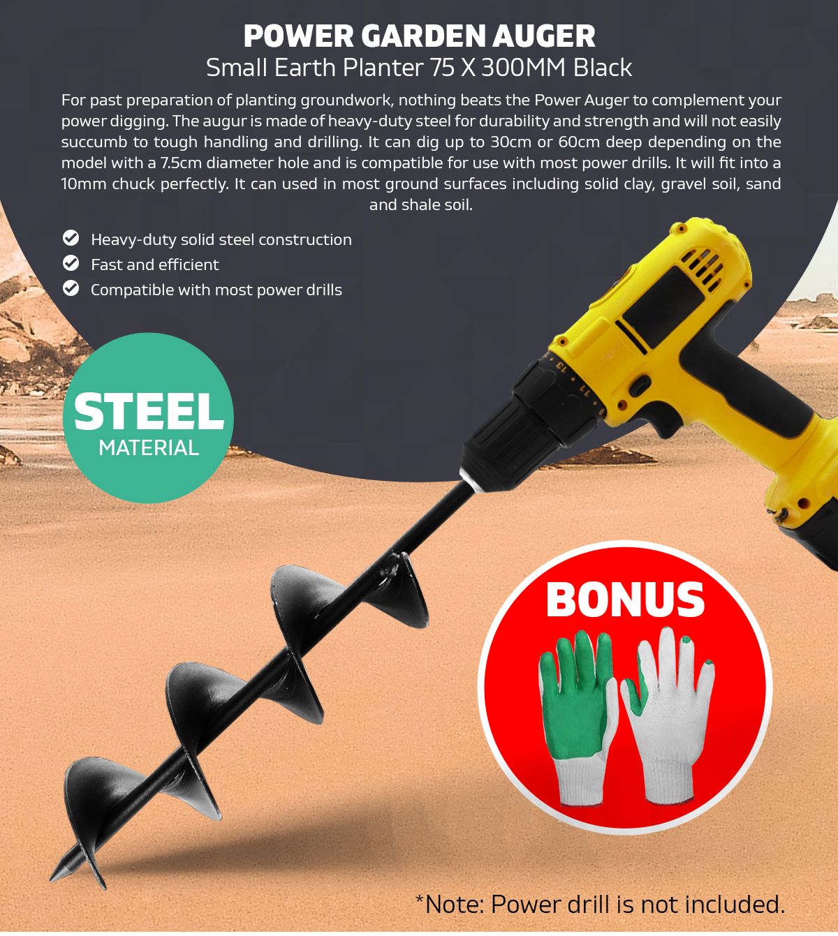 Power Auger Garden Small Earth Planter 75 X 300MM Steel - Black