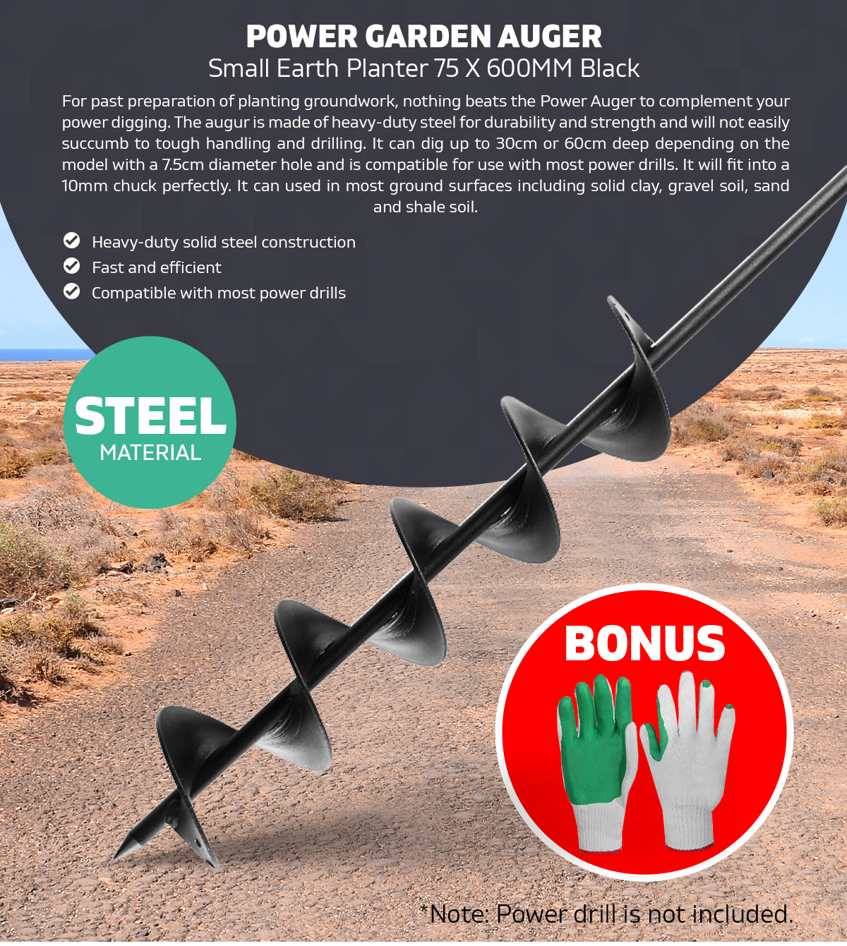 Power Auger Garden Small Earth Planter 75 X 600MM Steel - Black