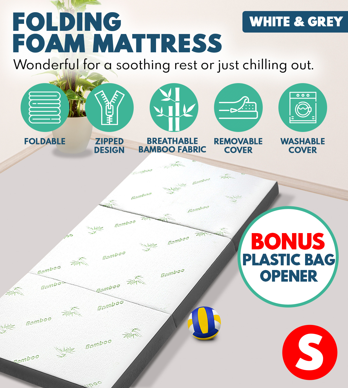  Folding Foam Portable Mattress Bed Bamboo Fabric Medium Firm - White & Grey