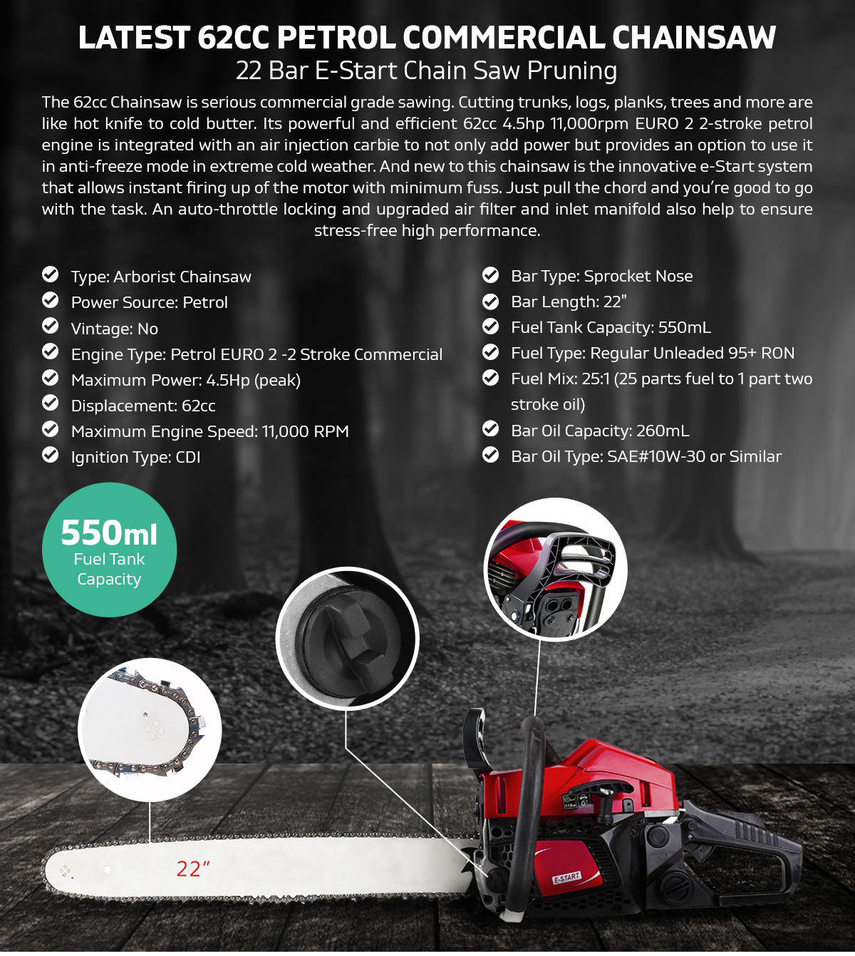 62cc Petrol Premium Commercial E-Start Chainsaw 22 Bar Chain Saw Pruning