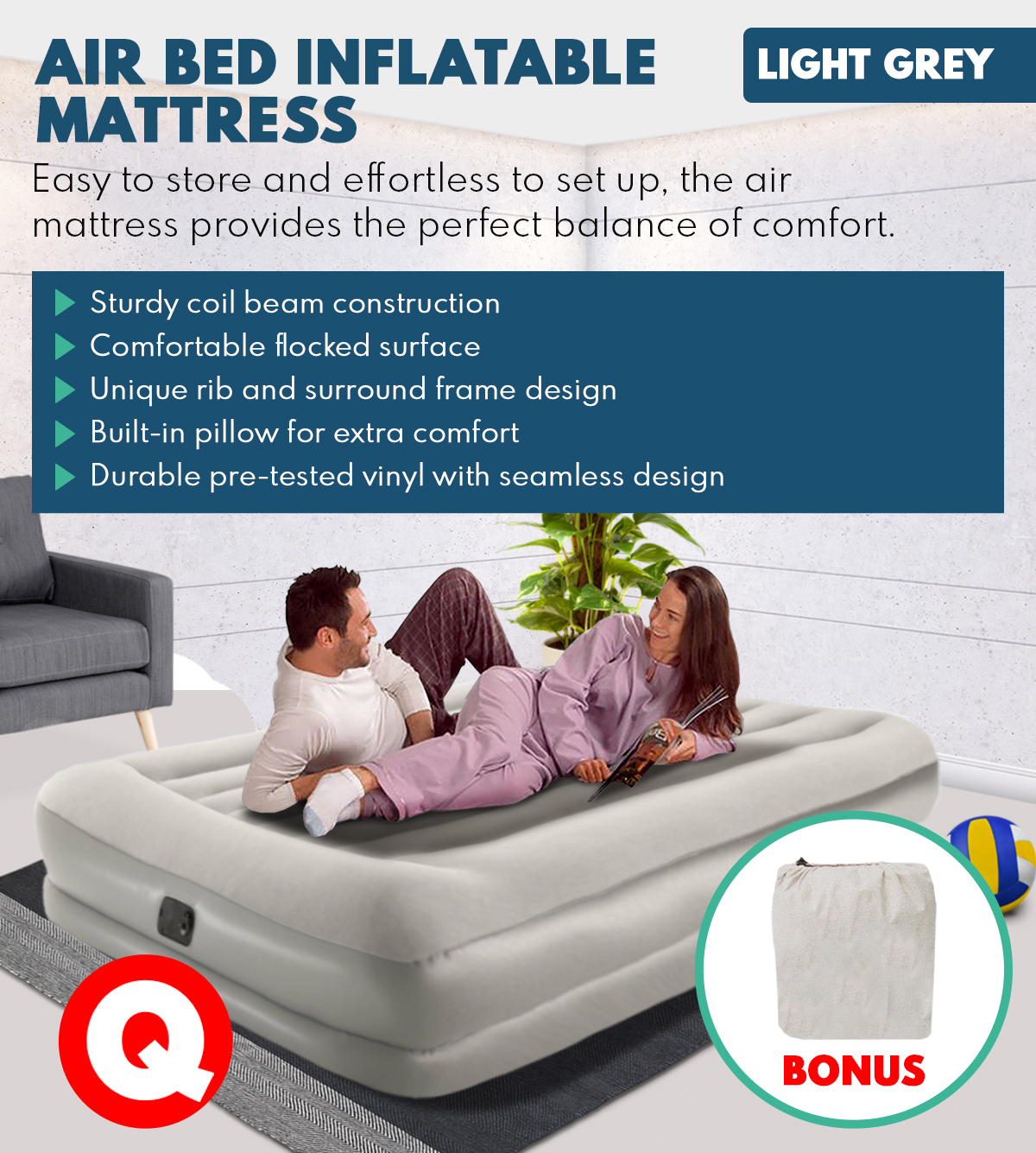 Queen Air Bed Inflatable Mattresses Home Camping Mats Sleeping Light Grey