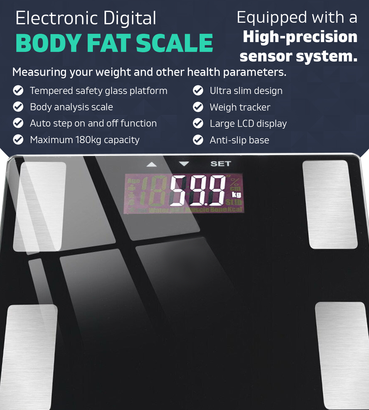 Digital Body Fat Scale Bathroom Weight Tracker Electronic Ultra Slim - Black