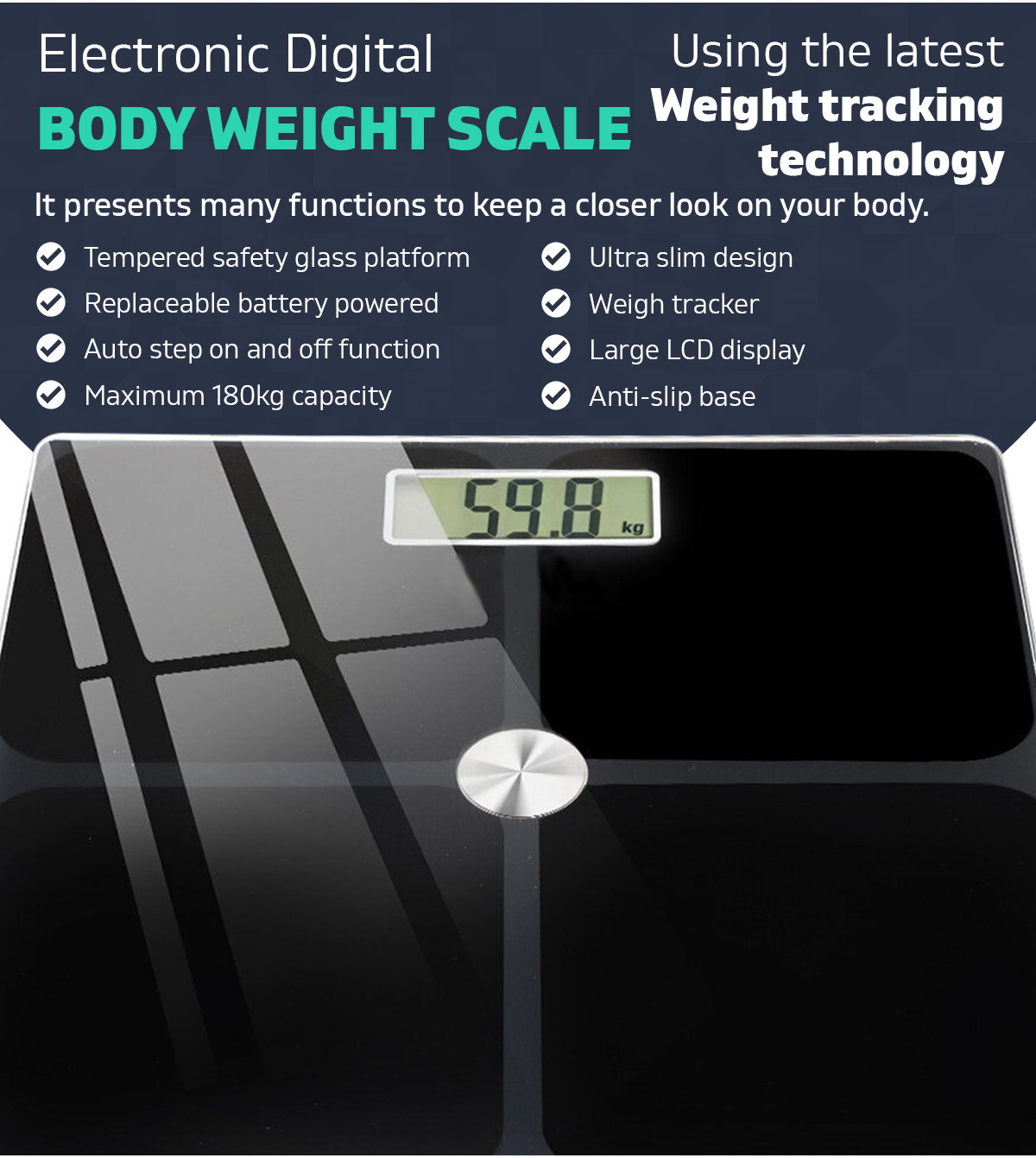 Digital Body Weight Scale Electronic Bathroom Scale Anti-slip Base -Black