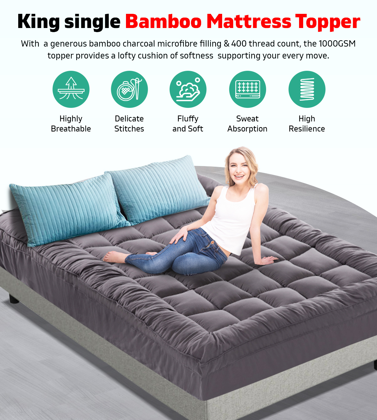 King Single Mattress Topper Pillowtop 1000GSM Charcoal Microfibre Protector