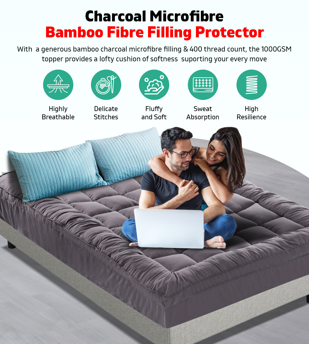 Queen Mattress Topper Pillowtop Charcoal Microfibre Bamboo Fibre Protector 5CM