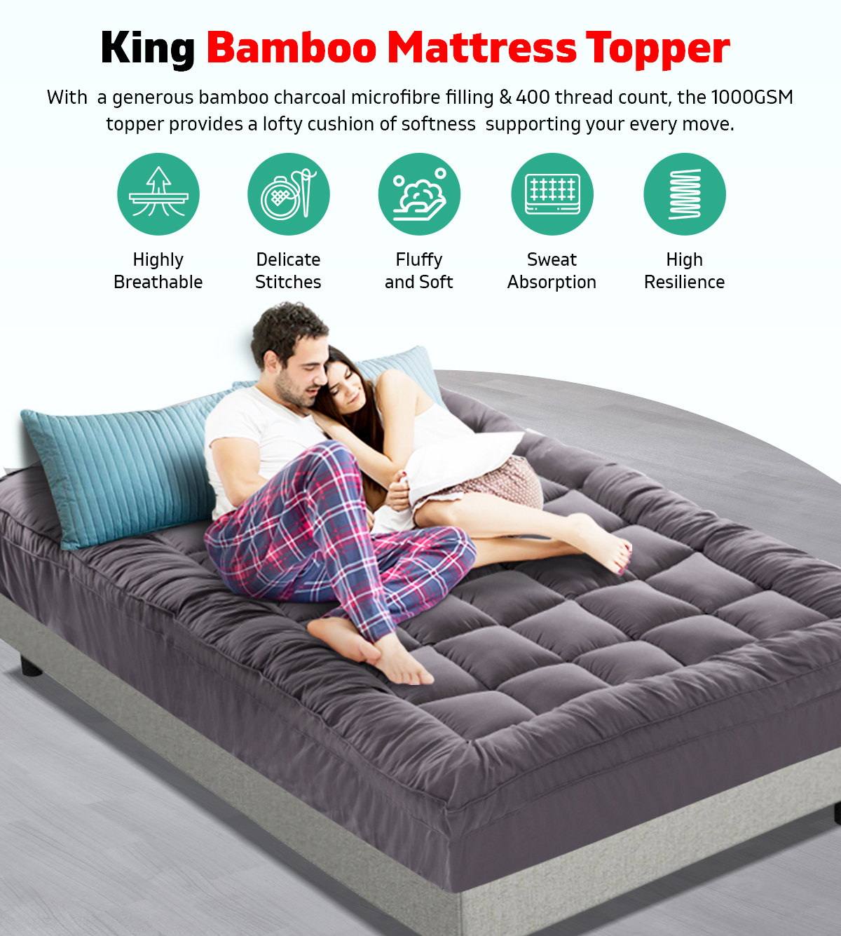 King Mattress Topper Pillowtop Charcoal Microfibre Bamboo Filling Protector