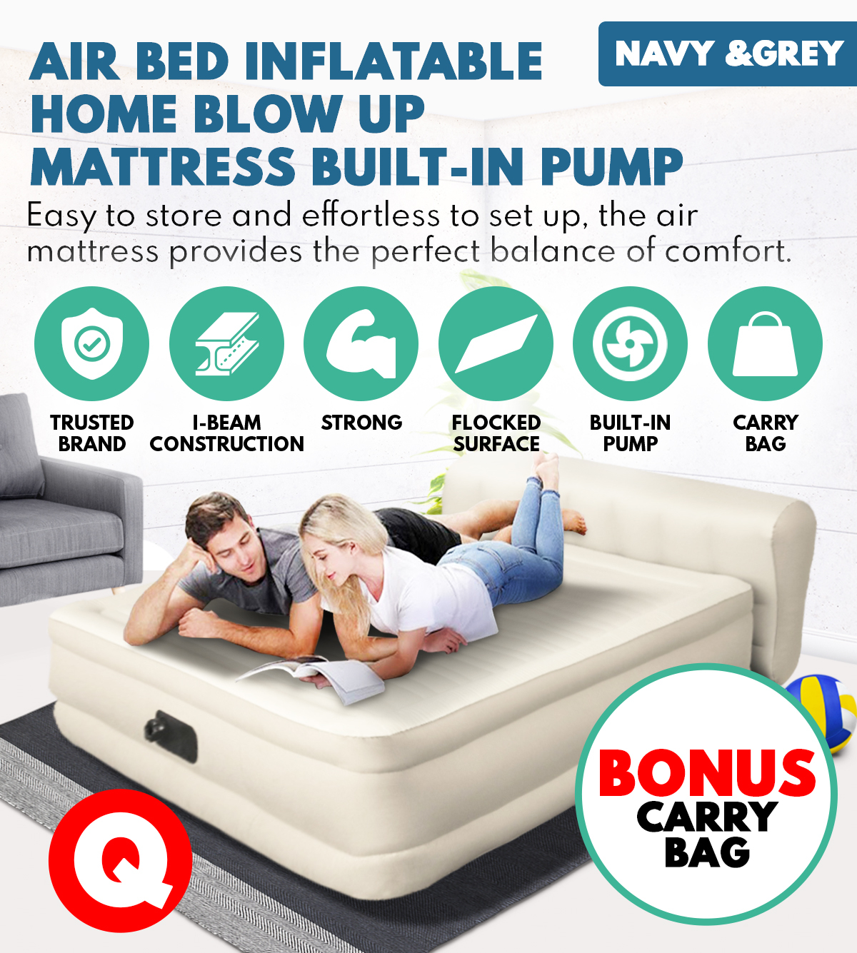 Queen Size Air Bed Inflatable Home Blow Up Mattress Builtin Pump Navy & Grey