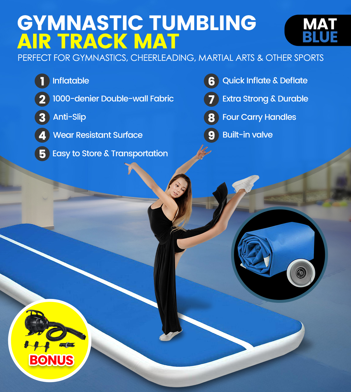 Inflatable Air Track Mat 20CM Thick with Pump Tumbling Gymnastics Blue 4X1M