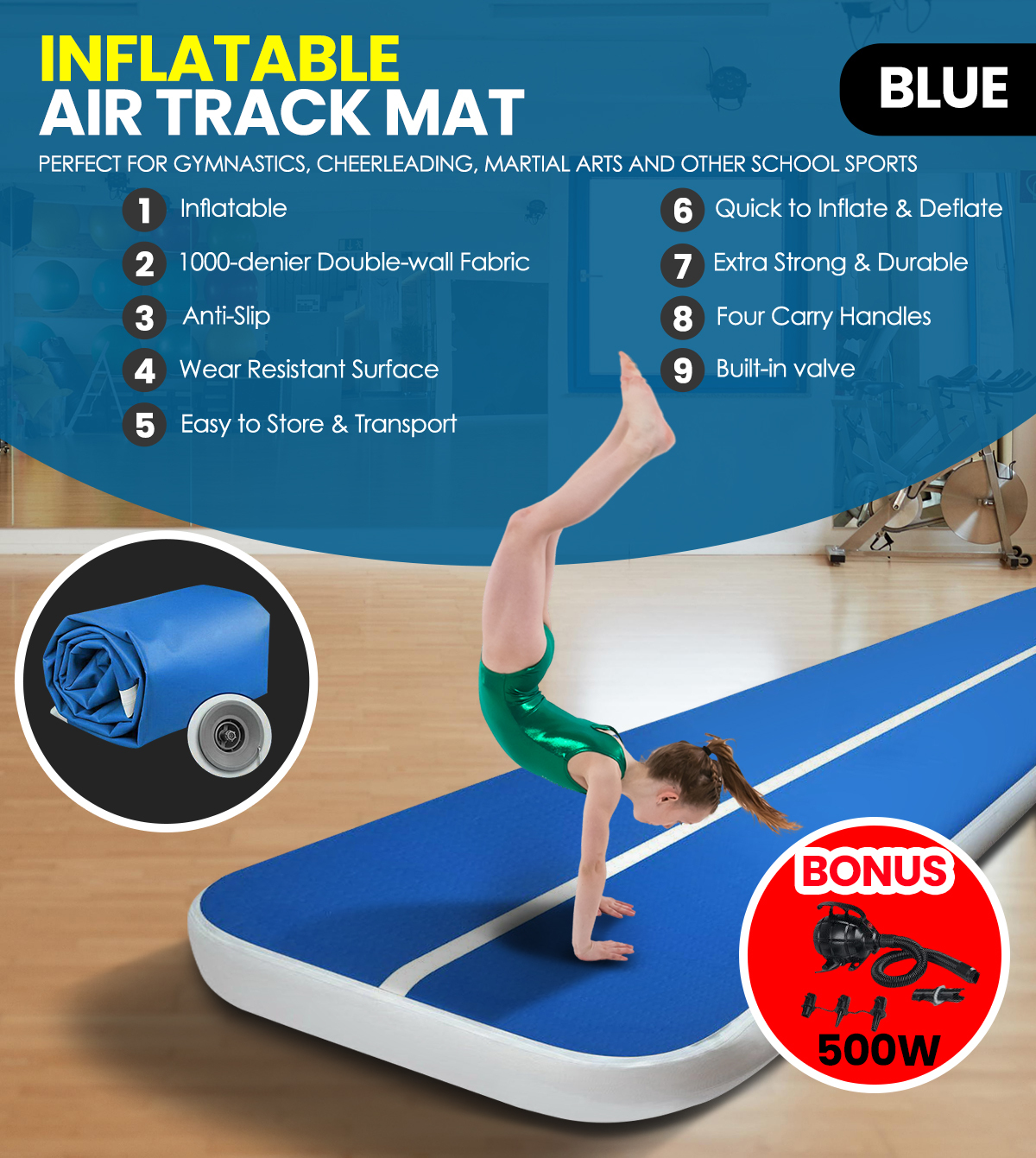 Inflatable Air Track Mat 20CM Thick with Pump Tumbling Gymnastics Blue 6X1M