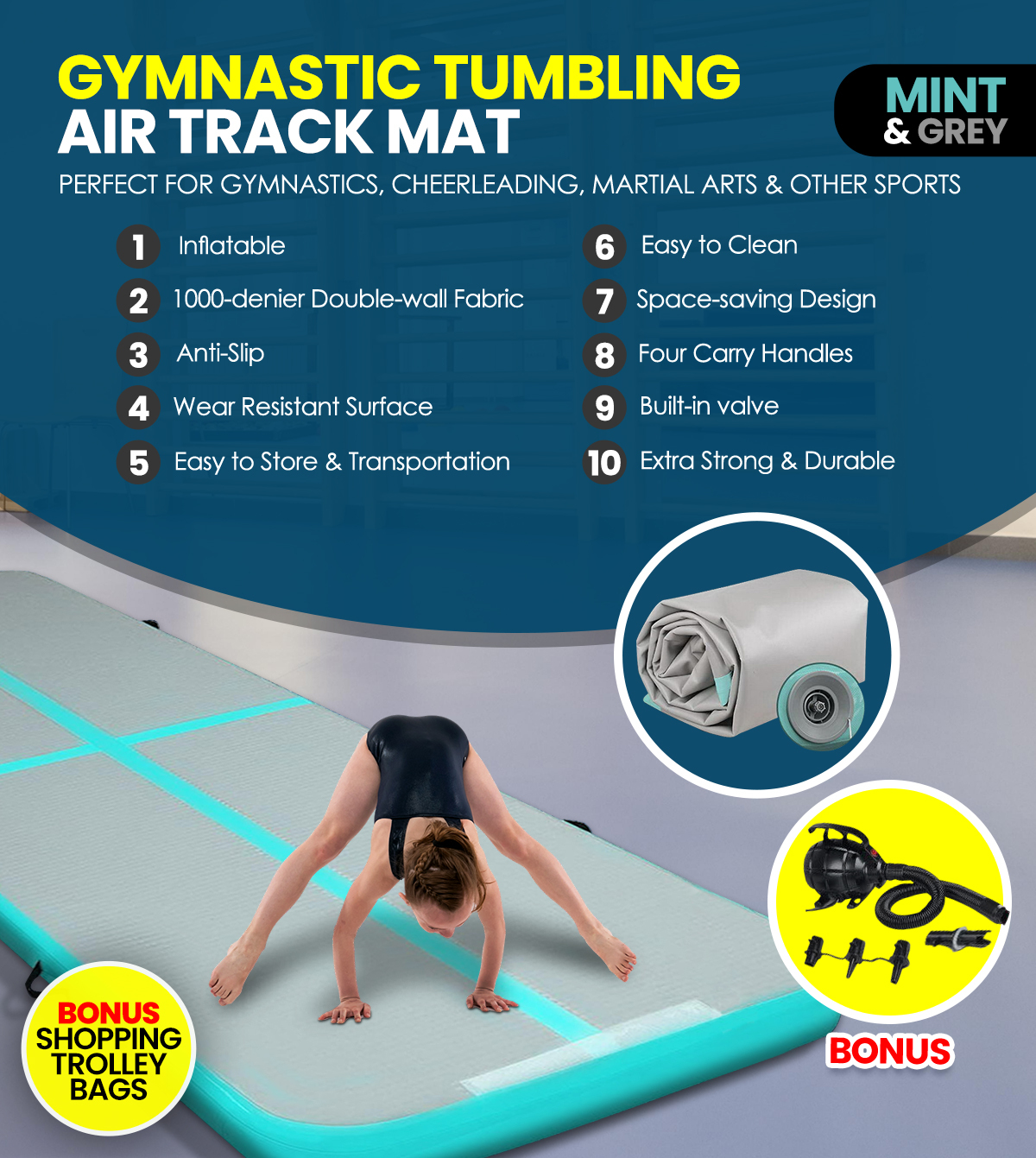 Inflatable Air Track Mat Anti-slip with Pump Tumbling Gymnastics Green 4X1M 