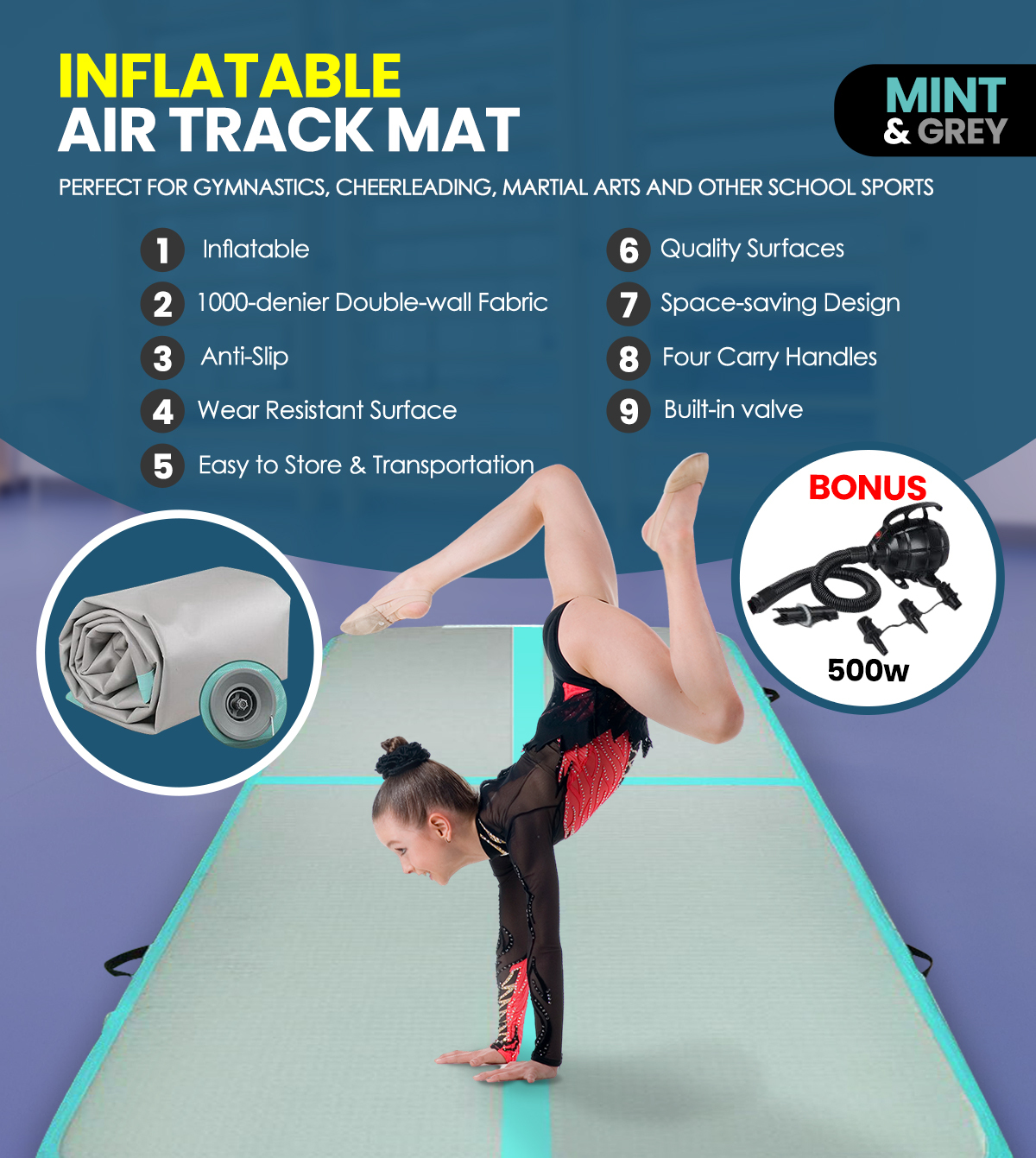 5X1M GoFun Inflatable Air Track Mat with Pump Tumbling Gymnastics - Mint & Grey