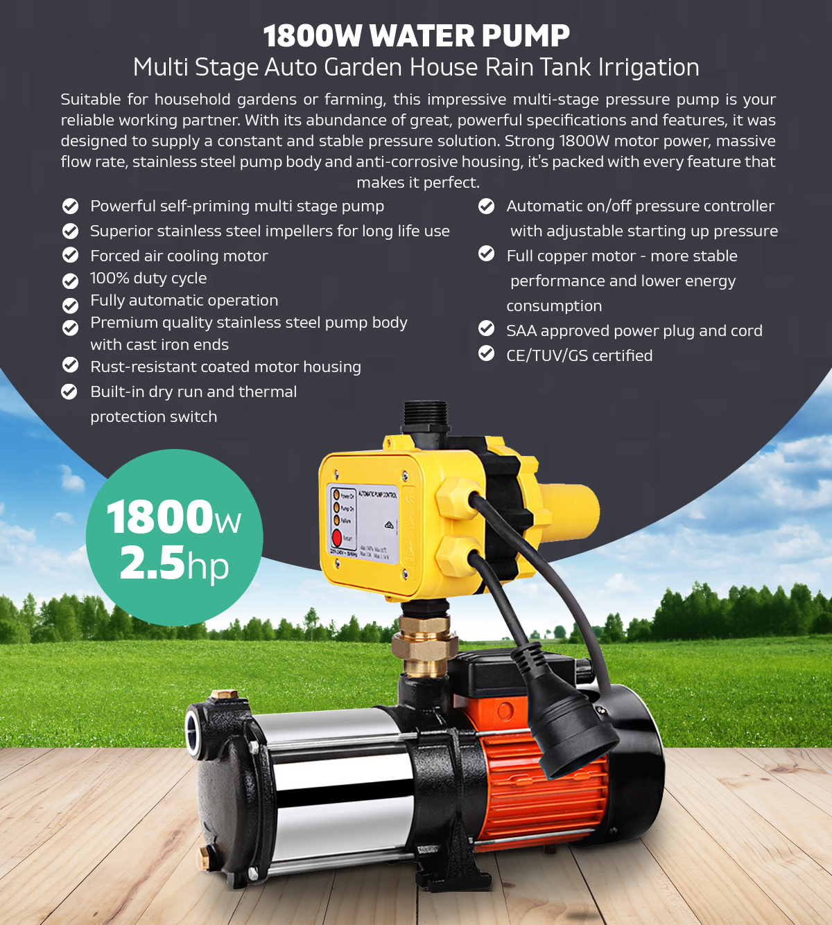 1800W Water Pressure Pump Multi Stage Auto House Garden Rain Tank Irrigation